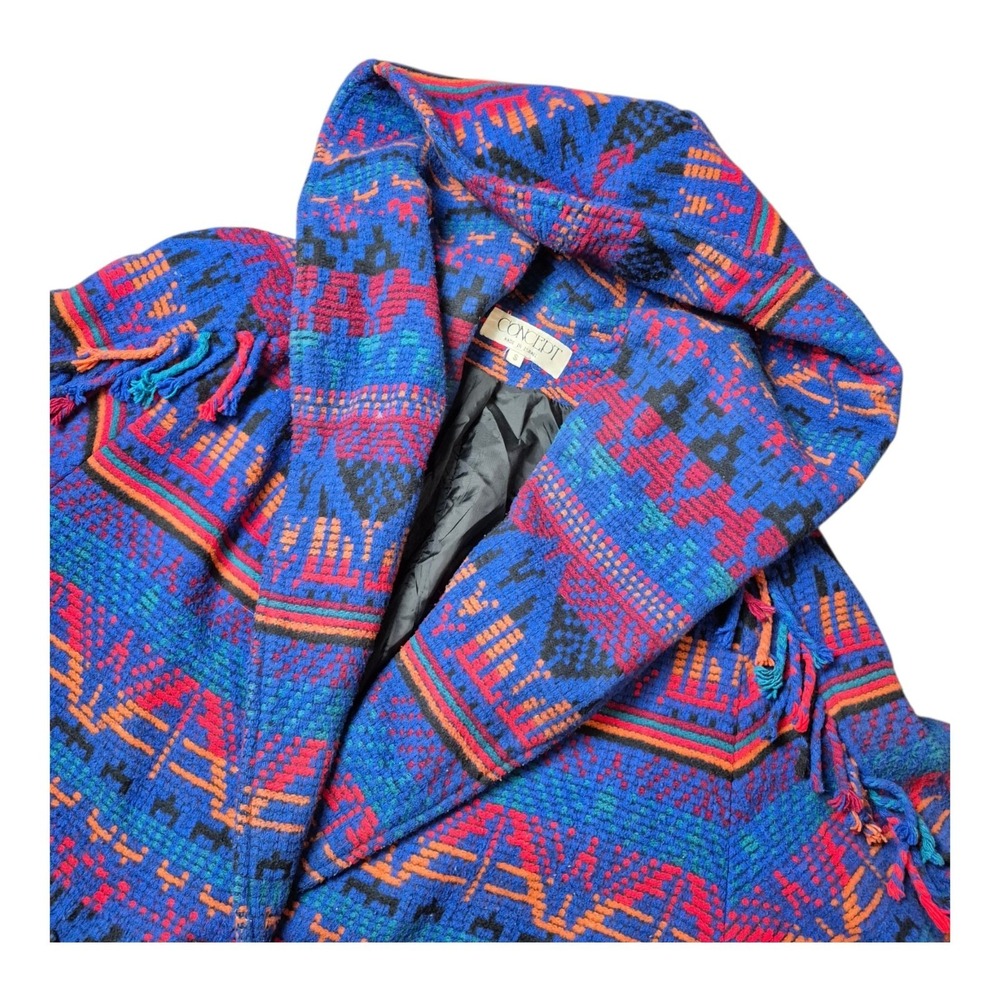 VTG 80s Concept Women's S Southwestern Blanket Coat Hooded Fringe Aztec Jacket